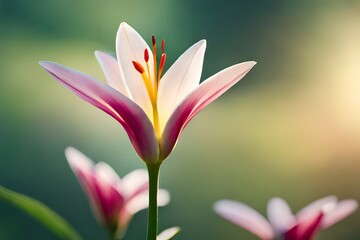 Create a high-definition image of a stunning Lily in a vibrant garden, bathed in soft sunlight