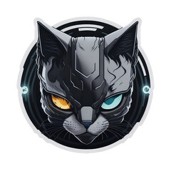 Cute cat, cyborg cat, black cat, Two-colored eyes, cat sticker, cat icon, cat logo, cat robot, cute cat cartoon, illustration, PNG, Generative AI	