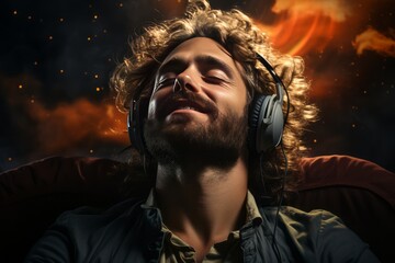  Man enjoying his favorite podcast using headphones on a gray background, Generative AI  - obrazy, fototapety, plakaty