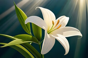 Craft an elegant composition of a Lily, framed against a backdrop of dappled sunlight filtering through a lush, tranquil garden