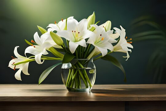 Generate an image capturing the elegance of a Lily bouquet, arranged with precision and set against a backdrop of lush greenery