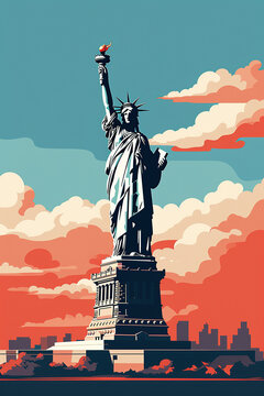 Duotone basic pop art vintage style travel poster of the Statue of Liberty, New York, USA and the highrise skyline behind it.