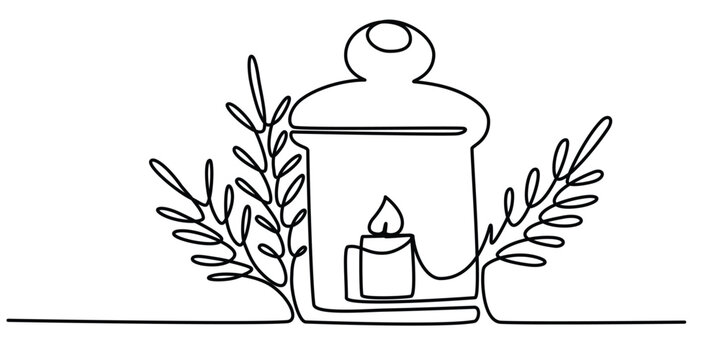One continuous line drawing of Christmas candle holder. Christmas lantern in silhouette on a white background in simple linear style. Editable stroke. Doodle outline vector illustration