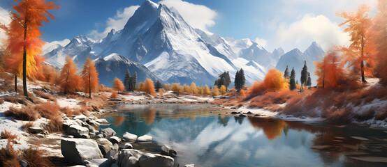 this is a view of a beautiful snowy mountain range with a lake and colorful trees - obrazy, fototapety, plakaty