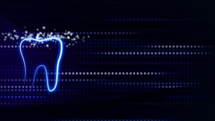 Bright glowing neon tooth icon. Animated dental blue background with tiny particles and lines made of diode pixels. Looped motion graphics. Copy space.
