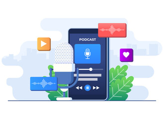 Fototapeta premium Audio podcast concept flat illustration vector template, Podcast mobile application interface on smartphone screen for listening to music, radio and podcasts, Music player