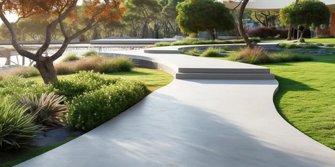 Fotobehang Walkway and landscape in garden, park. Also called path, footpath, pathway or concrete pavement floor. Include natural plant, flower, bush, lawn and grass. Landscaping design idea for outdoor. © DifferR
