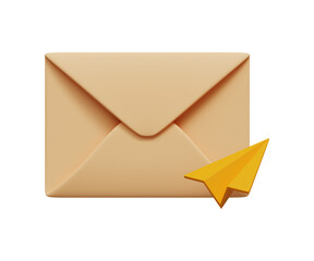 3D email subscription icon. Online communication and marketing. Mail icon with origami paper airplane. 3d illustration