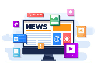 Online news mobile application flat illustration vector template, Online news article, News webpage, Online mass media on computer screen, Internet newsletter