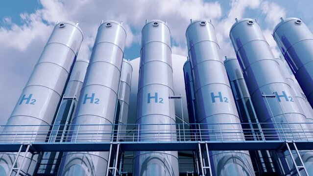 Hydrogen storage tanks (H2). Clean and eco-friendly hydrogen energy. 3d render.