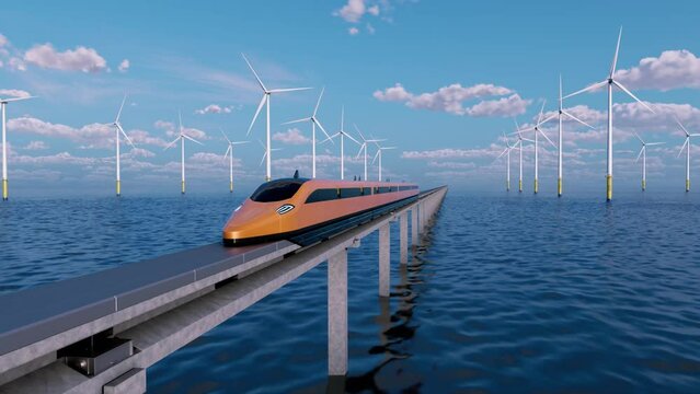 Future. High-speed maglev train. The train's path passes among wind farms. 3d rendering.