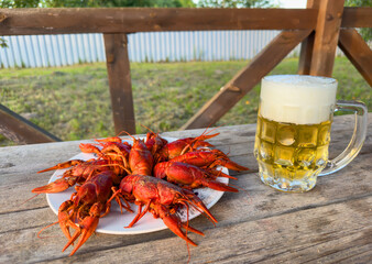 Lobster on plate on a wooden table. Crawfish Snack to beer. Crayfish Beer snack dish. Boiled...