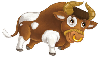 Cartoon scene farm animal bull is standing looking and smiling illustration for children
