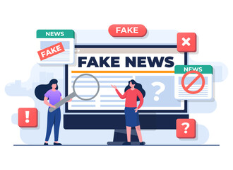 Spreading fake news concept flat illustration vector template, people character analyzing false information on online news, Press, Junk news content, Disinformation in newspaper