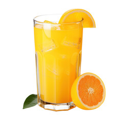 Fototapeta premium Glass of an orange juice with slice of orange fruit and leaves isolated on transparent background