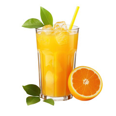 Glass of an orange juice with stick and slice of orange fruit and leaves isolated on transparent background