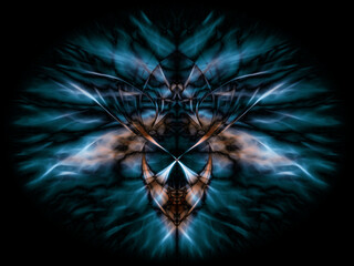 ethereal wispy blue and gold symmetric design on a black background