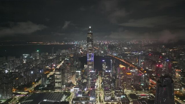 drone aerial view of the shenzhen city at night