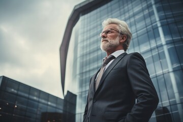 Fototapeta premium A businessman wearing suit standing front of modern office building.