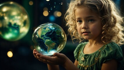Earth Day. The girl holds in her hands the planet Earth in the form of a soap bubble.