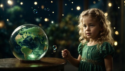 Earth Day. The child looks at planet Earth in the form of a soap bubble.