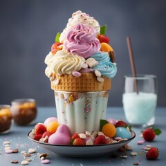Close up on vanilla frozen yogurt or soft ice cream in waffle cone and strawberry, candies around. Blurred gray background.