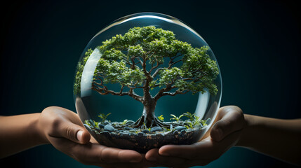 Male hands holding a glass ball with a tree in the middle. The concept of greening the planet 