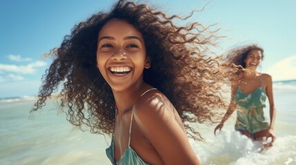 Fototapeta premium Young black woman having fun at beach with best friend. Cheerful friends enjoying at sea.