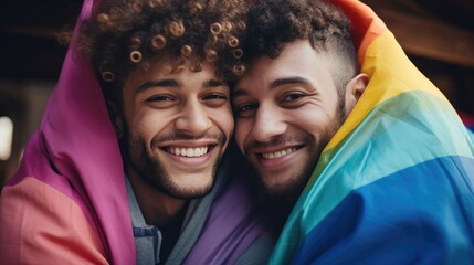 Happy biracial male couple embracing and holding LGBTQ rainbow flag together, Diverse people of community.