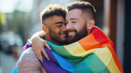Happy biracial male couple embracing and holding LGBTQ rainbow flag together, Diverse people of community.