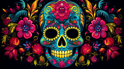 Naklejka premium Colorful Mexican skull with flowers