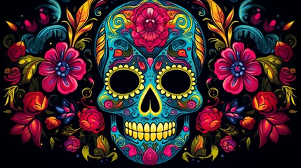 Rolgordijnen Schedel Colorful Mexican skull with flowers