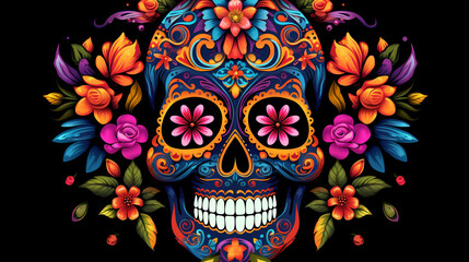 An elaborate Mexican skull design with intricate sugar skull patterns, vivid colors, and floral motifs, capturing the essence of Dia de los Muertos Day of the Dead celebration - obrazy, fototapety, plakaty