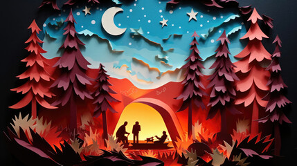 Camping under the stars crackling fire stories shared made in paper cut craft