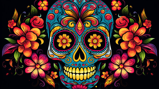 Colorful Mexican skull looking forward day of the dead