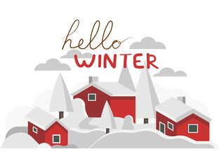 Fototapeta premium Hello winter. Winter illustration with snow houses snowflakes deer for cards and greetings vector illustration