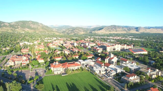 Aerial video of drone flying over the CU Boulder ( University of Colorado Boulder). Summer morning in Colorado