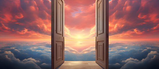 opened door leading into heaven with colorful clouds