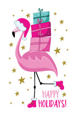 Happy Holidays - flamingo in Santa hat, and with Christmas presents. Good for T shirt print, greeting card, poster, label, and other decoration.