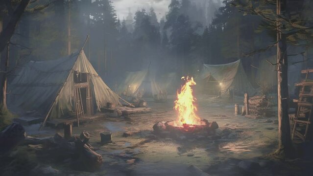 camping with medieval items with a campfire inside, seamless and looping animation
