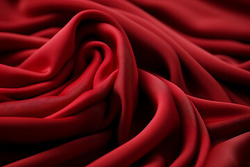 Red silk or satin luxury fabric texture, abstract background. Top view Closeup of ripples in red silk fabric. Generative ai