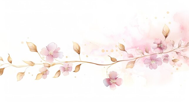 Luxurious watercolor flowers and twigs, pink, gold, lilac spots and flowers on a white background.
