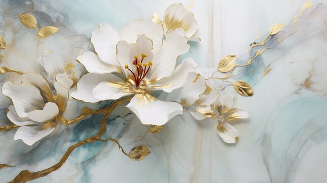 White, blue, gold flowers and leaves on a marble background. texture for card,invitation,wallpaper.