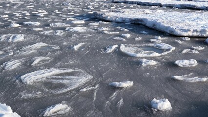 Ice floes and Icebergs on Frozen Baltic Sea in Poland on Sunny Day