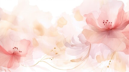 Luxurious watercolor flowers and twigs, pink, gold, lilac spots and flowers on a white background.