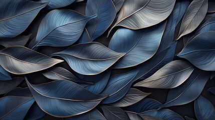 abstract blue and black tropical leaves, metal texture, bronze, gold, background, banner, layout, - obrazy, fototapety, plakaty