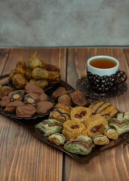 Tea drinking with an oriental accent. Oriental sweets. Treats on the table