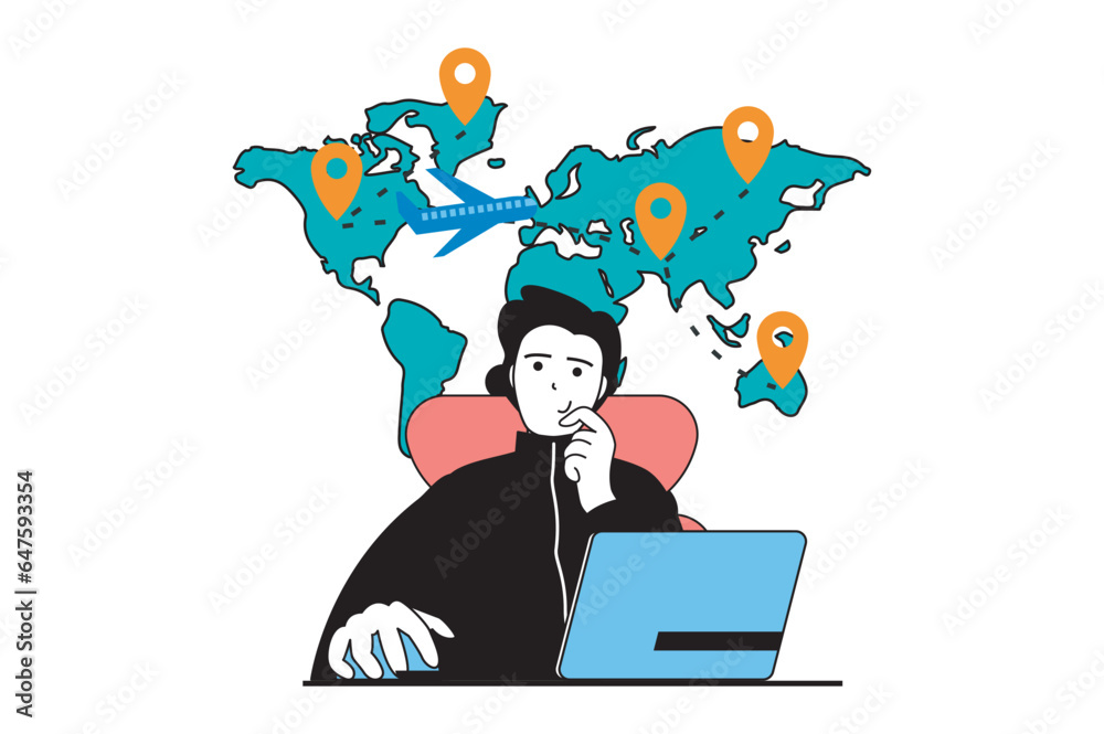 Poster worldwide delivery concept with people scene in flat web design. man sending parcel by airplane and 
