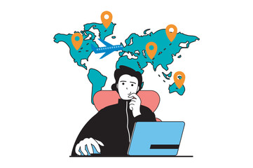 Worldwide delivery concept with people scene in flat web design. Man sending parcel by airplane and tracking location route at map. Vector illustration for social media banner, marketing material.