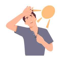 Hot weather. Tired man suffers in the extremely hot outdoor temperature. Male character opens his shirt to let in air and wipes away sweat. Hand drawn vector character illustration.